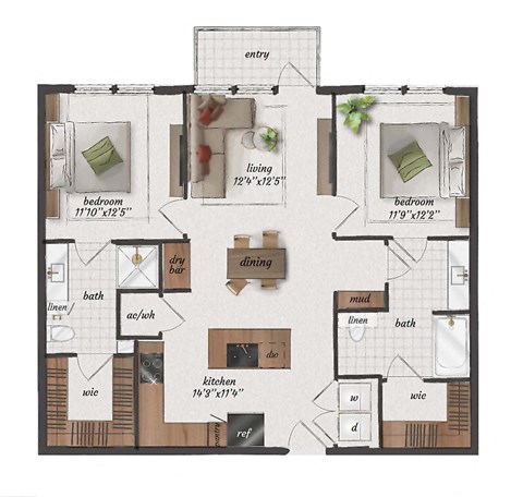 Floor plan for 2 beds, 2 baths, 1080 sqft